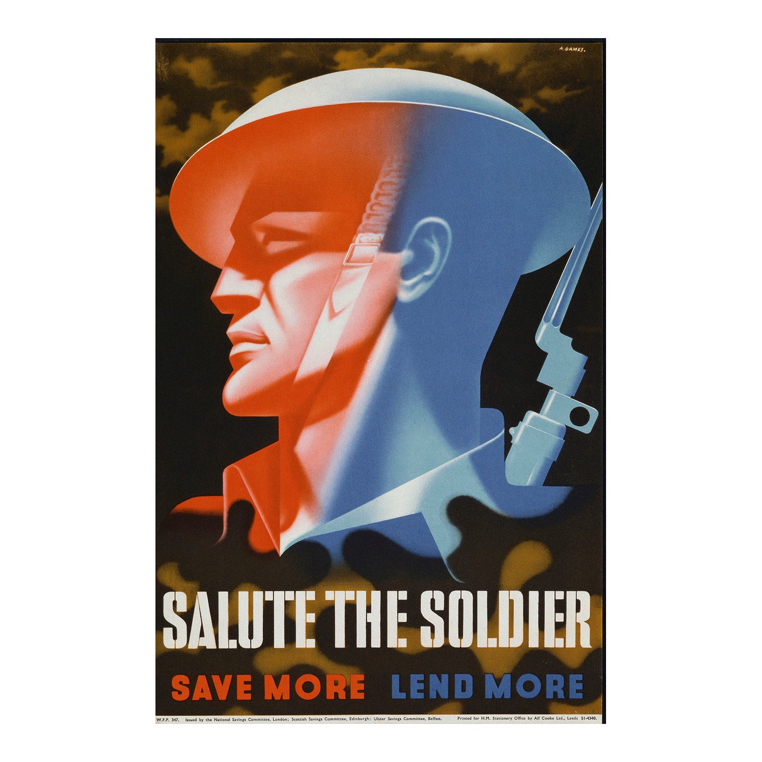 An original, and rare, wartime propaganda poster, Salute The Soldier. Save More Lend More, designed by Abram Games on behalf of the National Savings Committee, 1944