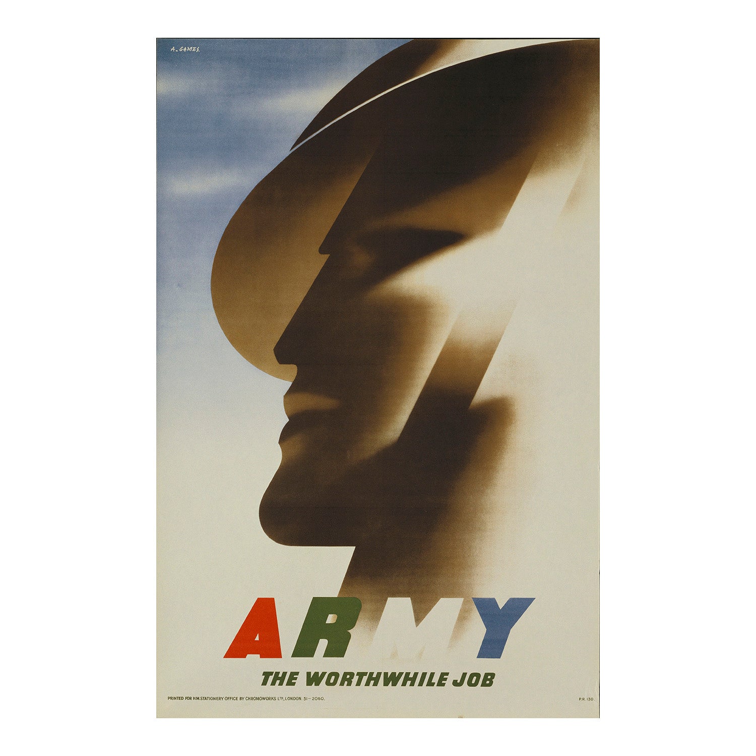 Original, and rare, British Army recruiting poster, Army. The Worthwhile Job, by Abram Games, 1946. A quite simply outstanding design by the greatest British poster artist of the 1940s. The image depicts the abstracted head of a soldier in extreme shadow