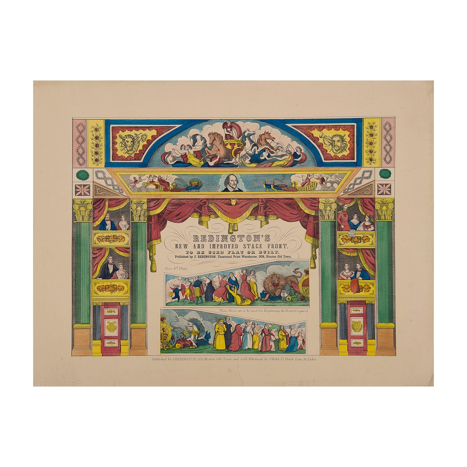 An original nineteenth century toy theatre stage front designed and printed by John Redington (208 Hoxton Old Town) in 1857, and ‘sold wholesale’ by J Webb, 75 Brick Lane