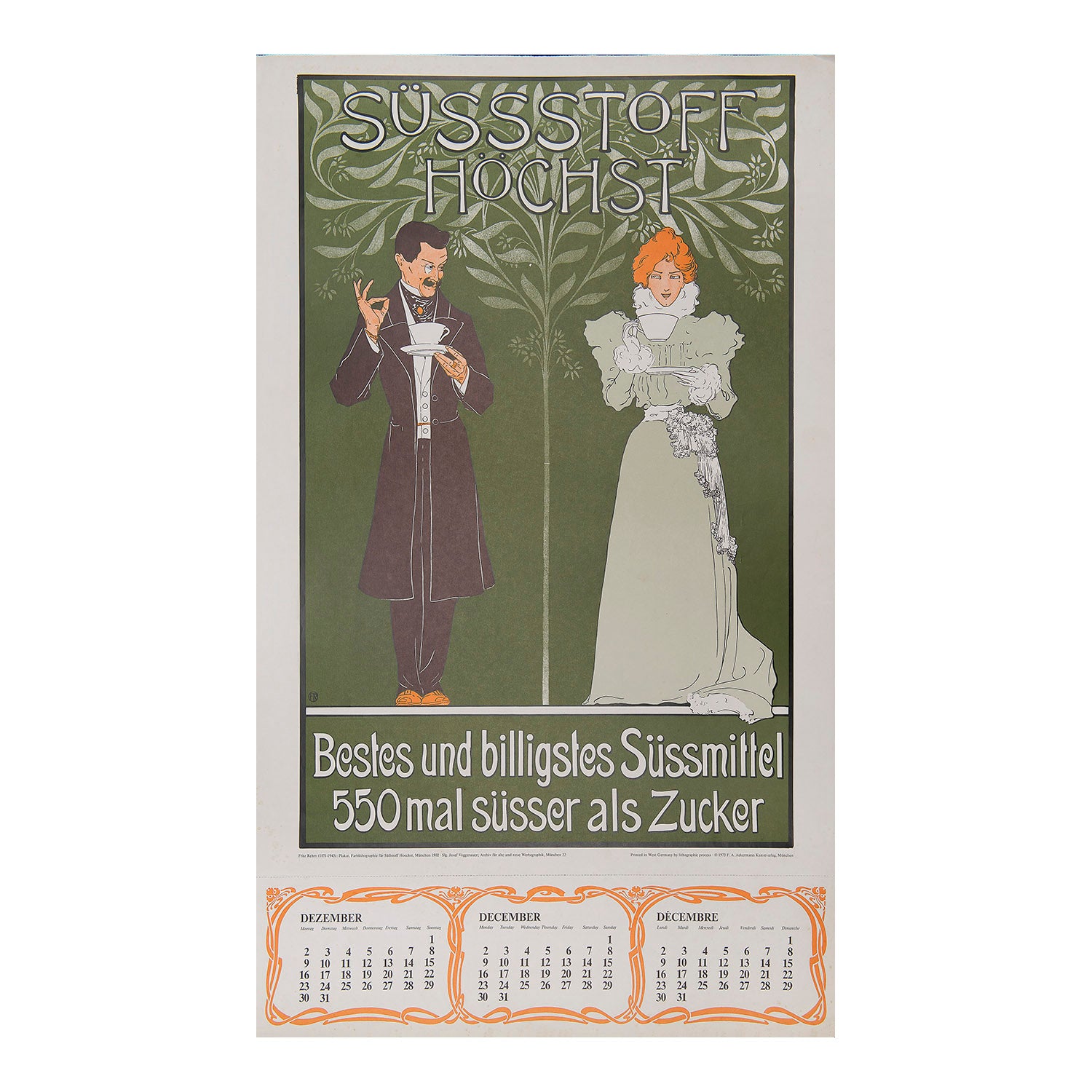 Vintage poster calendar, December 1973, published by Archiv für alte und neue Werbegrafik, printed by FA Ackermann, 1972. The design features a reprint of a 1902 poster designed by Fritz Rehm (1871-1943)