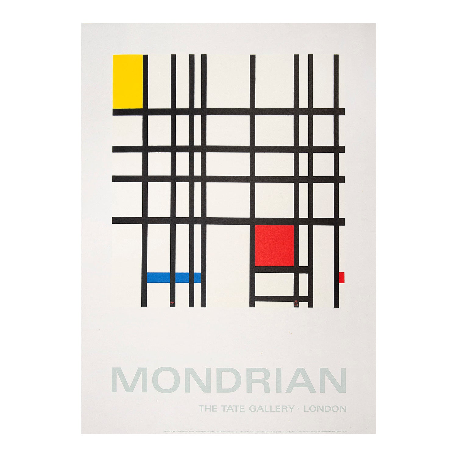 exhibition poster, Mondrian, held at the Tate Gallery, 1991. The design features Composition with Red, Yellow and Blue (c. 1937-1942)