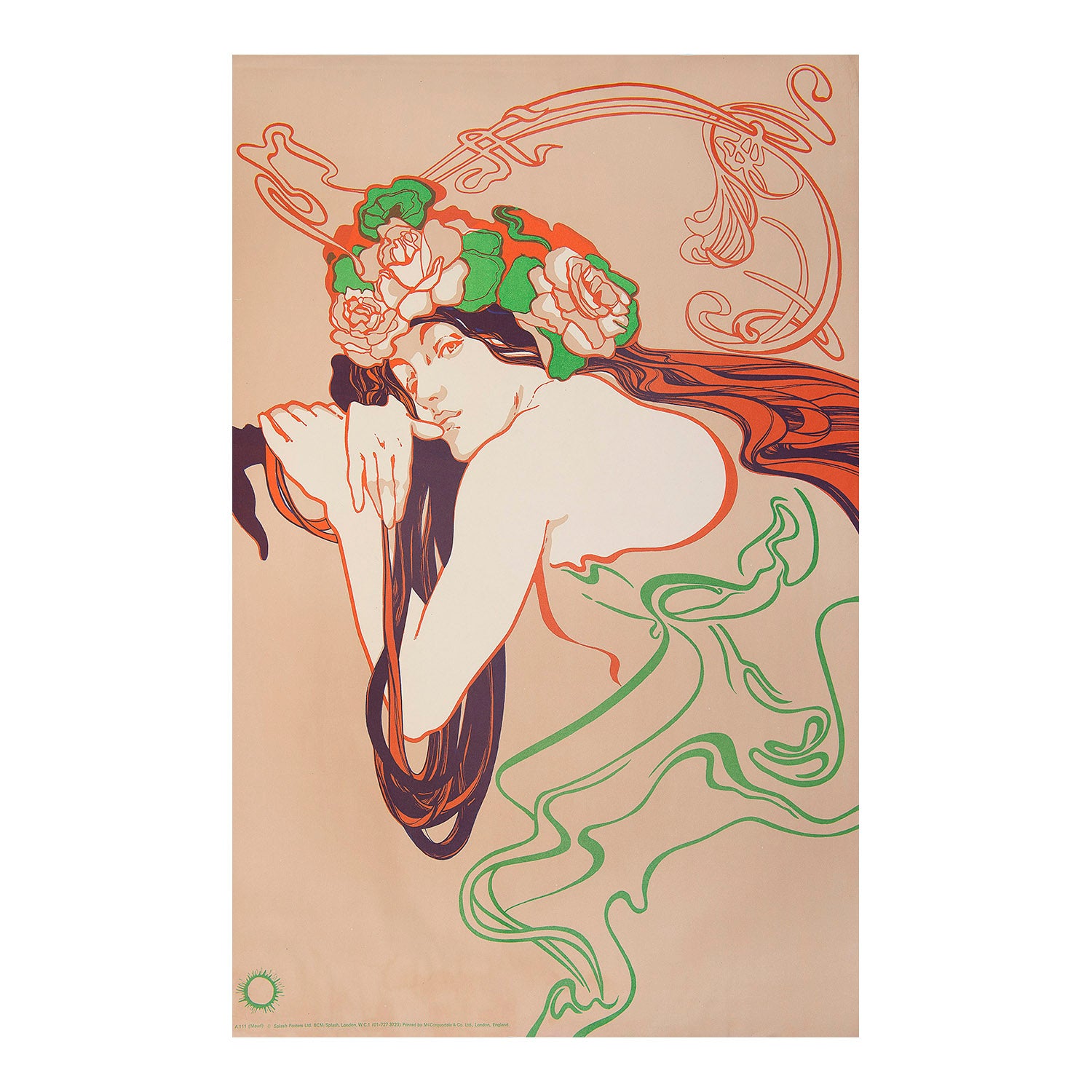  1960s decorative poster, Maud, published by Splash Posters, 1968. Art Nouveau-inspired 