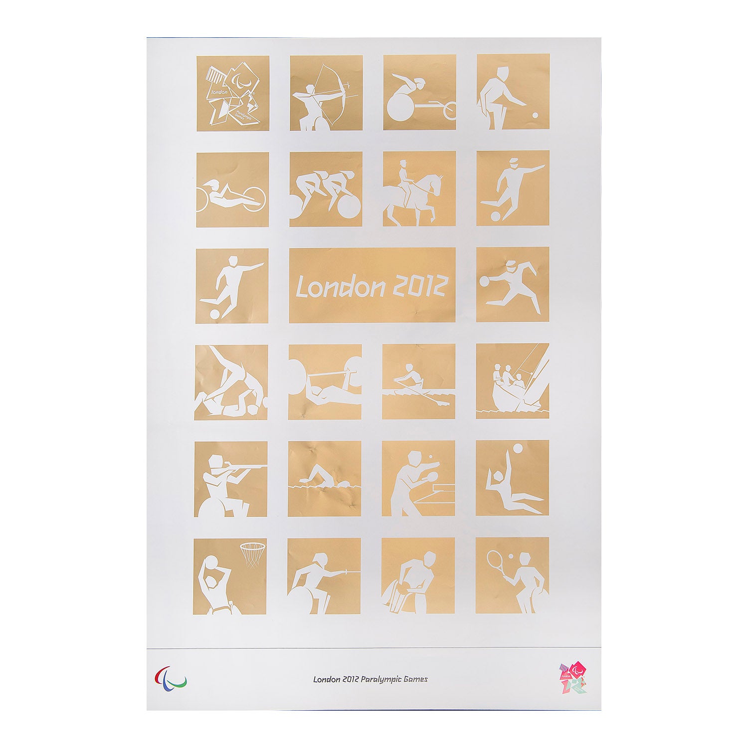 London 2012 Paralympic Games poster, featuring graphic representations of various competitive sports. Gold on white background