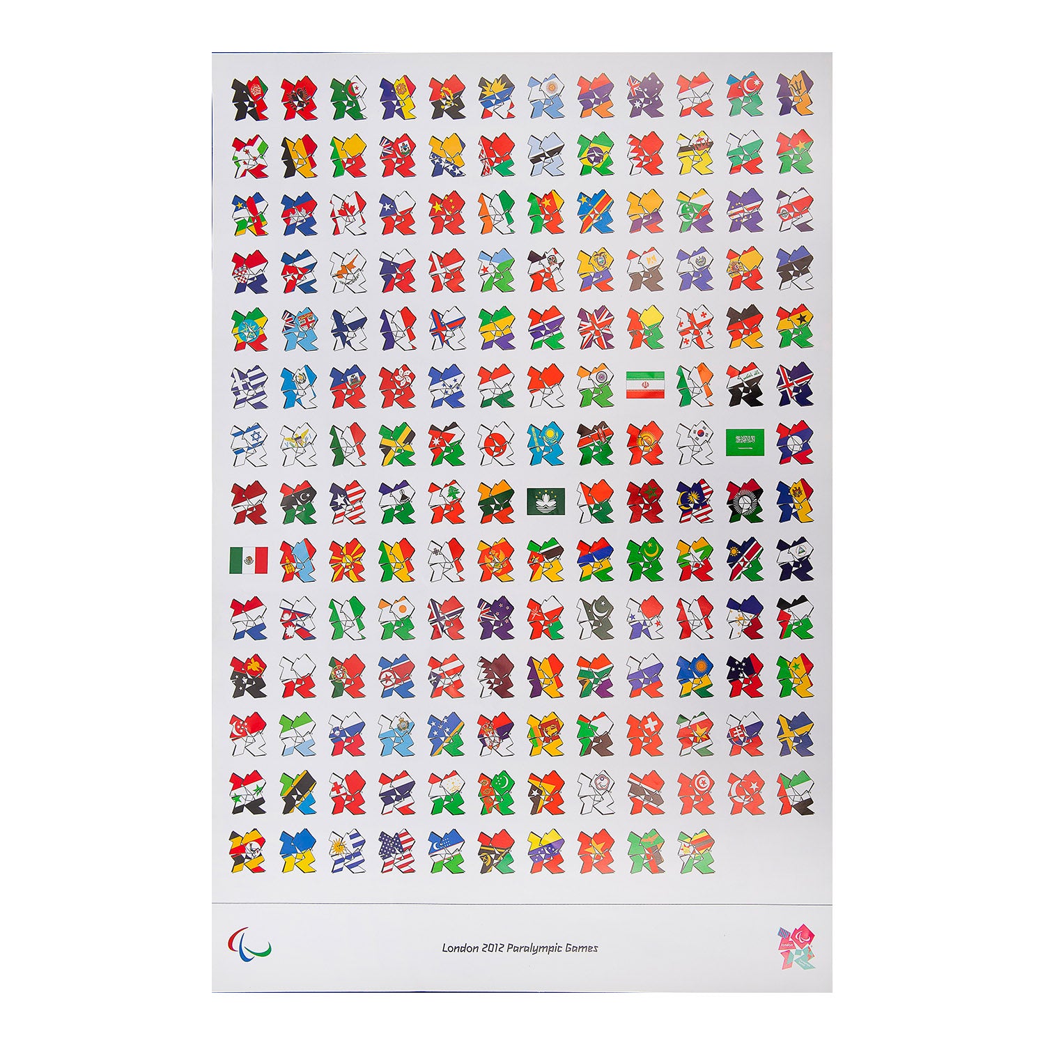 London 2012 Paralympic Games poster, featuring the flags of the competing nations imposed on individual versions of the 2012 logo