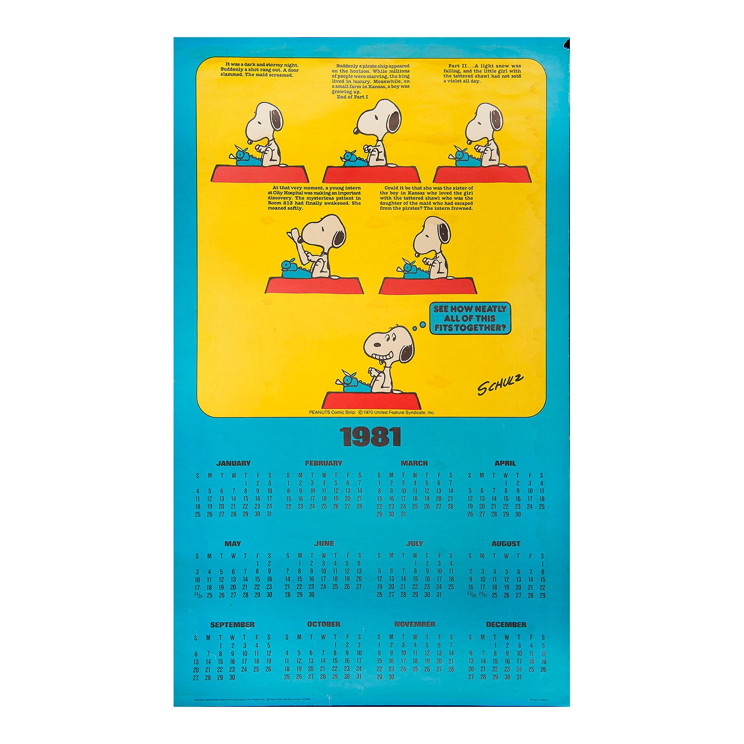 calendar poster featuring the iconic Peanuts comic character Snoopy the Dog by the American cartoonist Charles M. Schulz