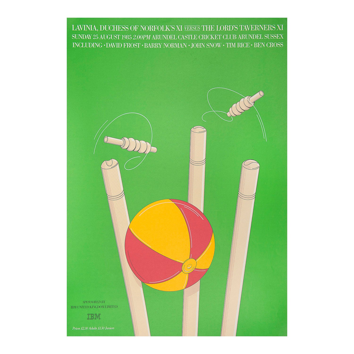 poster for the annual cricket match held at Arundel Castle between Lavinia, Duchess of Norfolk's XI and The Lord's Taverners XI, 1986. For many years, the match was seen as the start of the English international cricket season, and was originally named after its founder, the Duke of Norfolk.