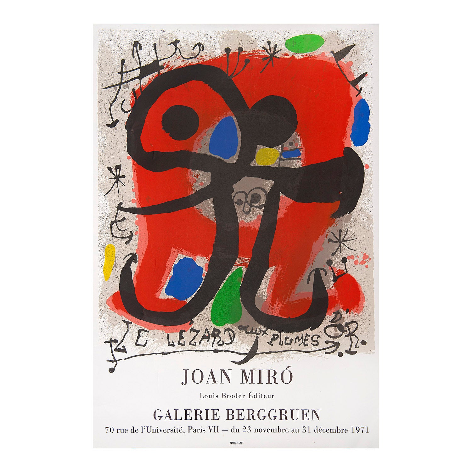 exhibition poster, Joan Miró (Le Lezard aux Plumes), held at Gallerie Berggruen, 1971. Superb exhibition poster, featuring a striking design by Joan Miró (1893-1983)