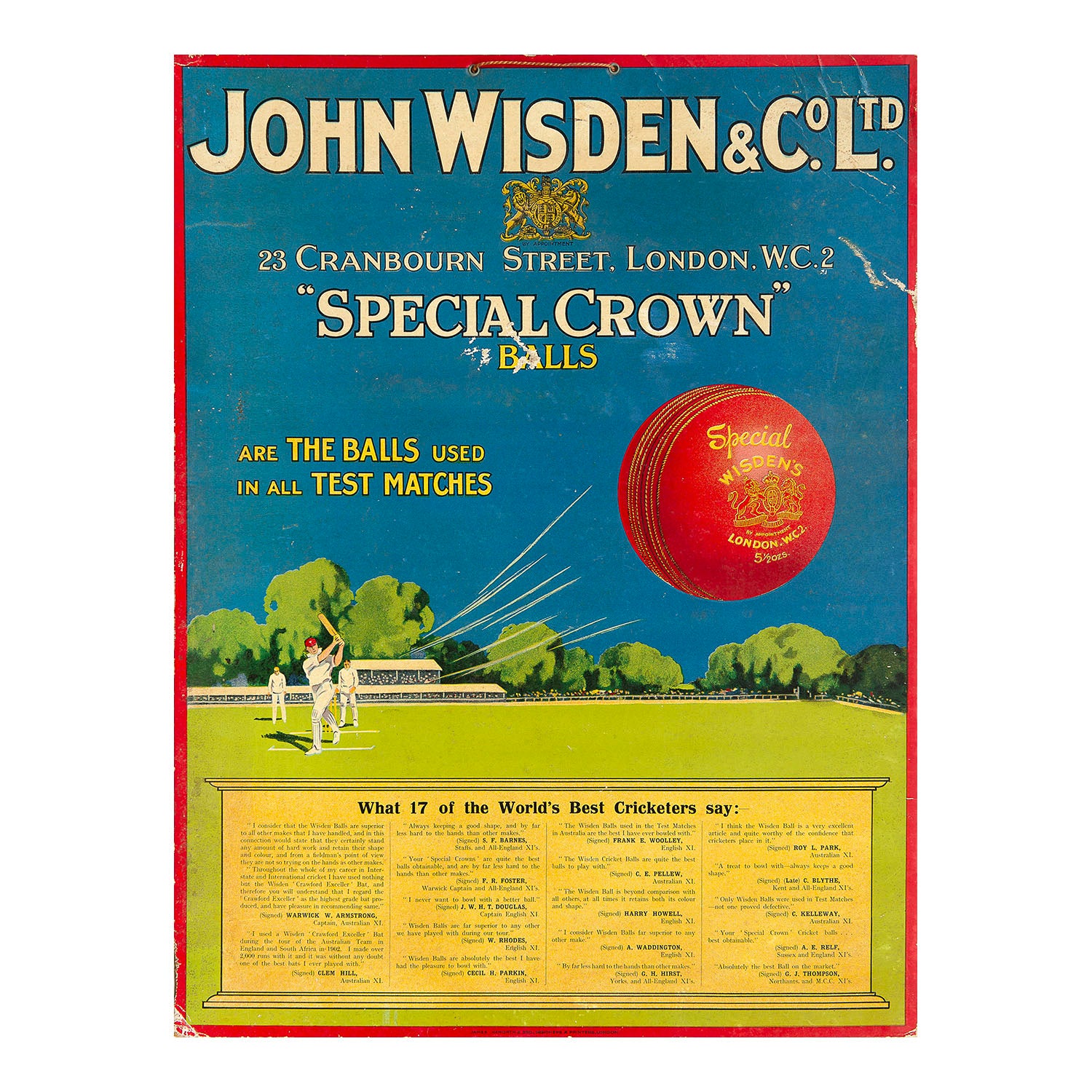 promotional show card advertising John Wisden &amp; Co cricket balls. Judging from the names of the cricketers listed at the base and their team positions, this notice dates to about 1920/1921