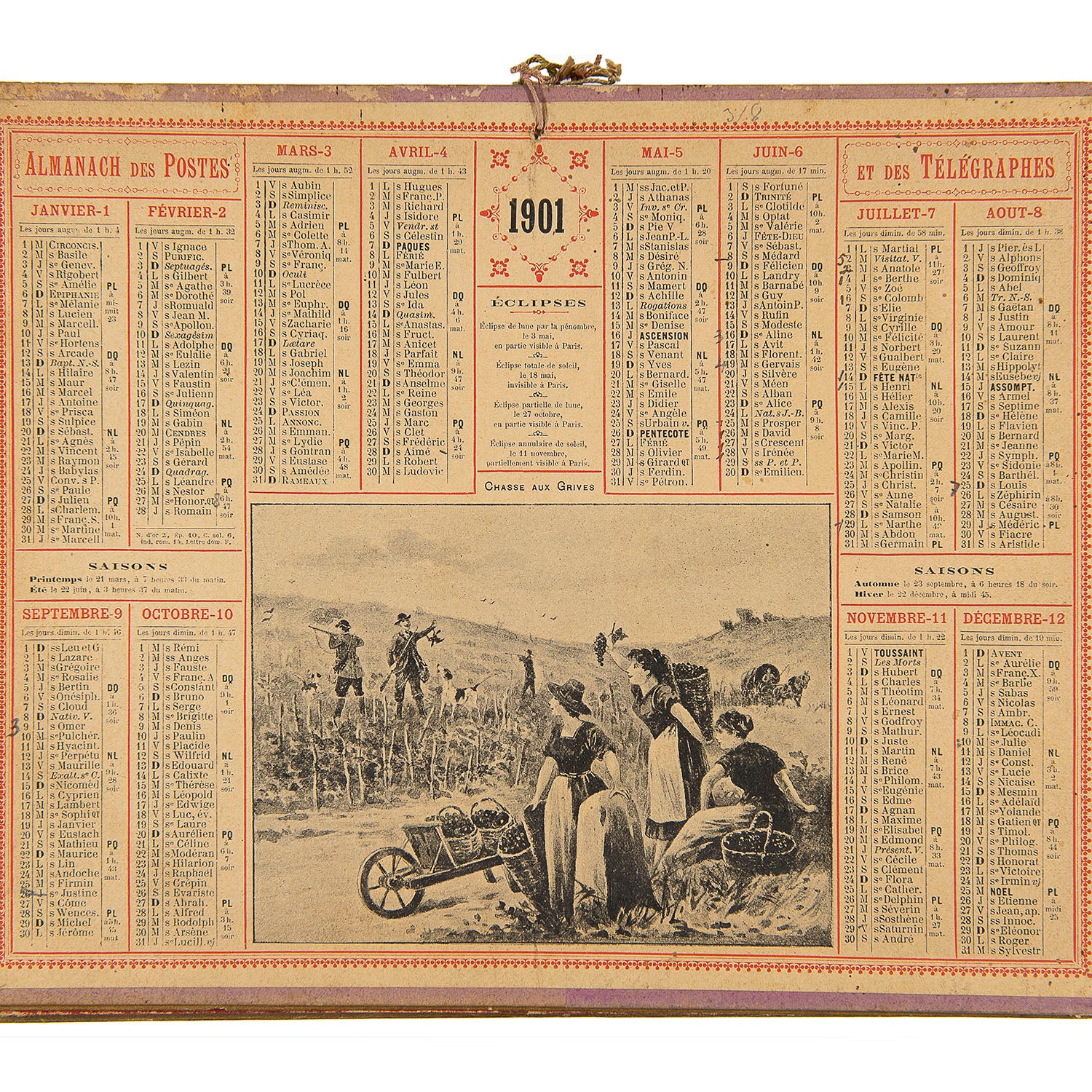 French hanging card calendar, Almanach des postes et des télégraphes, with map and other information on the reverse, 1901. The design includes a printed image entitled&nbsp;Chasse aux Grives, depicting grape pickers resting by a roadside with sportsmen and dogs in the background