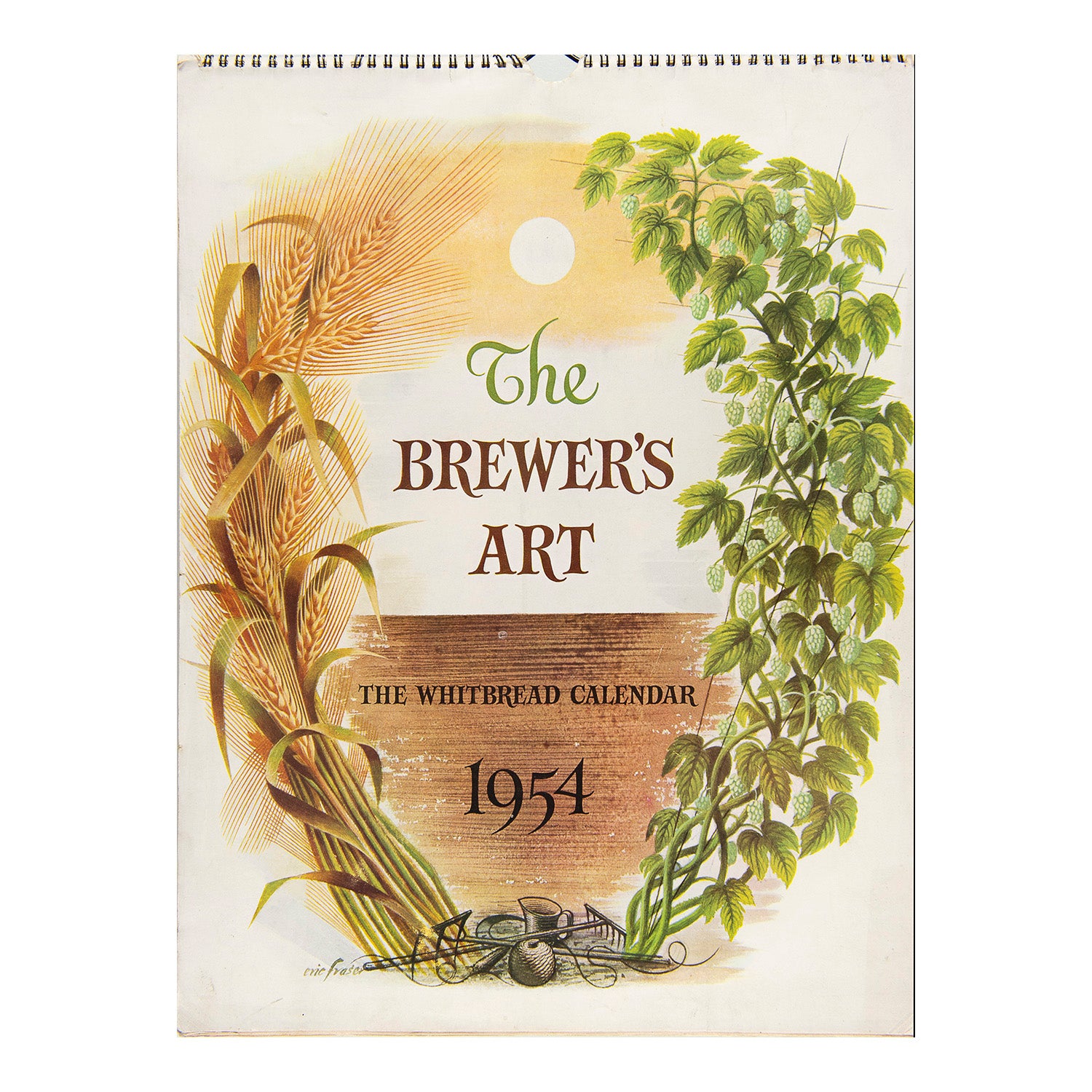 calendar, The Brewer’s Art, published by Whitbred 1954, and illustrated by Eric Fraser. Each month is illustrated with a stage in the production of beer from harvest to pub, accompanied by text explaining the brewing process.