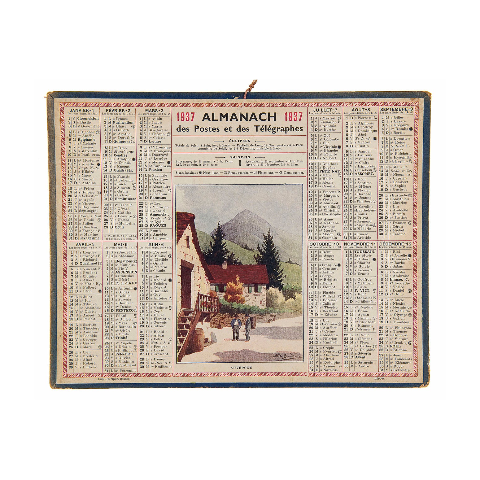 French hanging card calendar, Almanach des postes et des télégraphes, with map and other information on the reverse, 1937. The design includes a printed colour image entitled Auvergne, depicting a village street scene with mountainous backdrop.