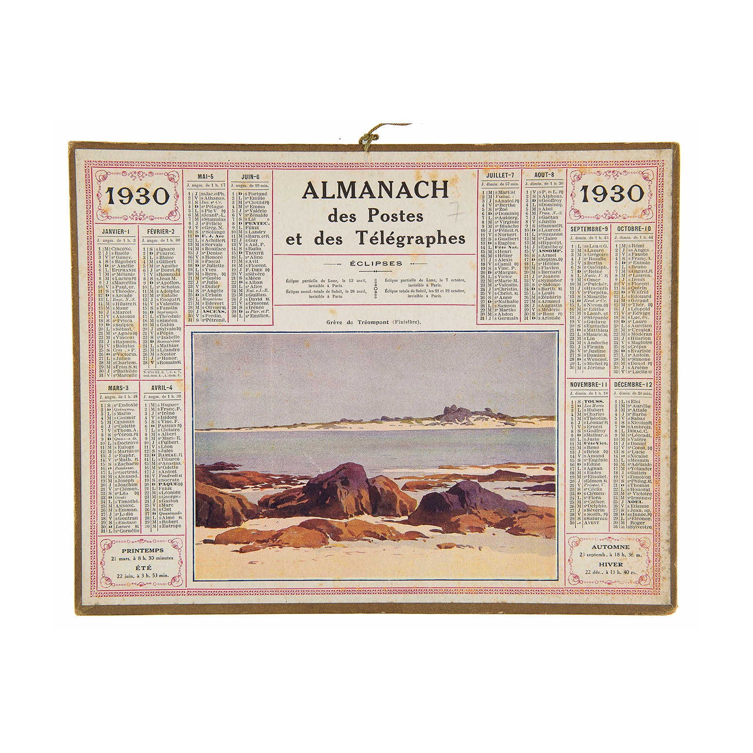 French hanging card calendar, Almanach des postes et des télégraphes, with map and other information on the reverse, 1930. The design includes a printed colour image entitled Grève de Tréompan, depicting a beach scene in Ploudalmézeau, Arrondissement de Brest, Brittany