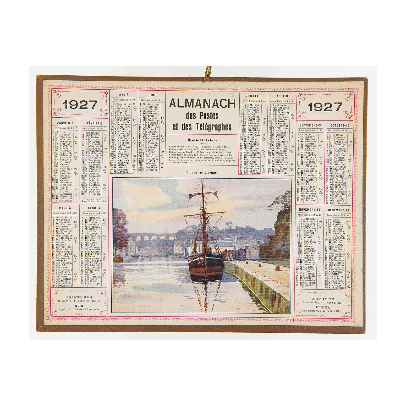 French hanging card calendar, Almanach des postes et des télégraphes, with map and other information on the reverse, 1927. The design includes a printed colour image entitled Viaduc de Morlaix, depicting the railway viaduct at Morlaix with a tall-masted ship moored in the foreground