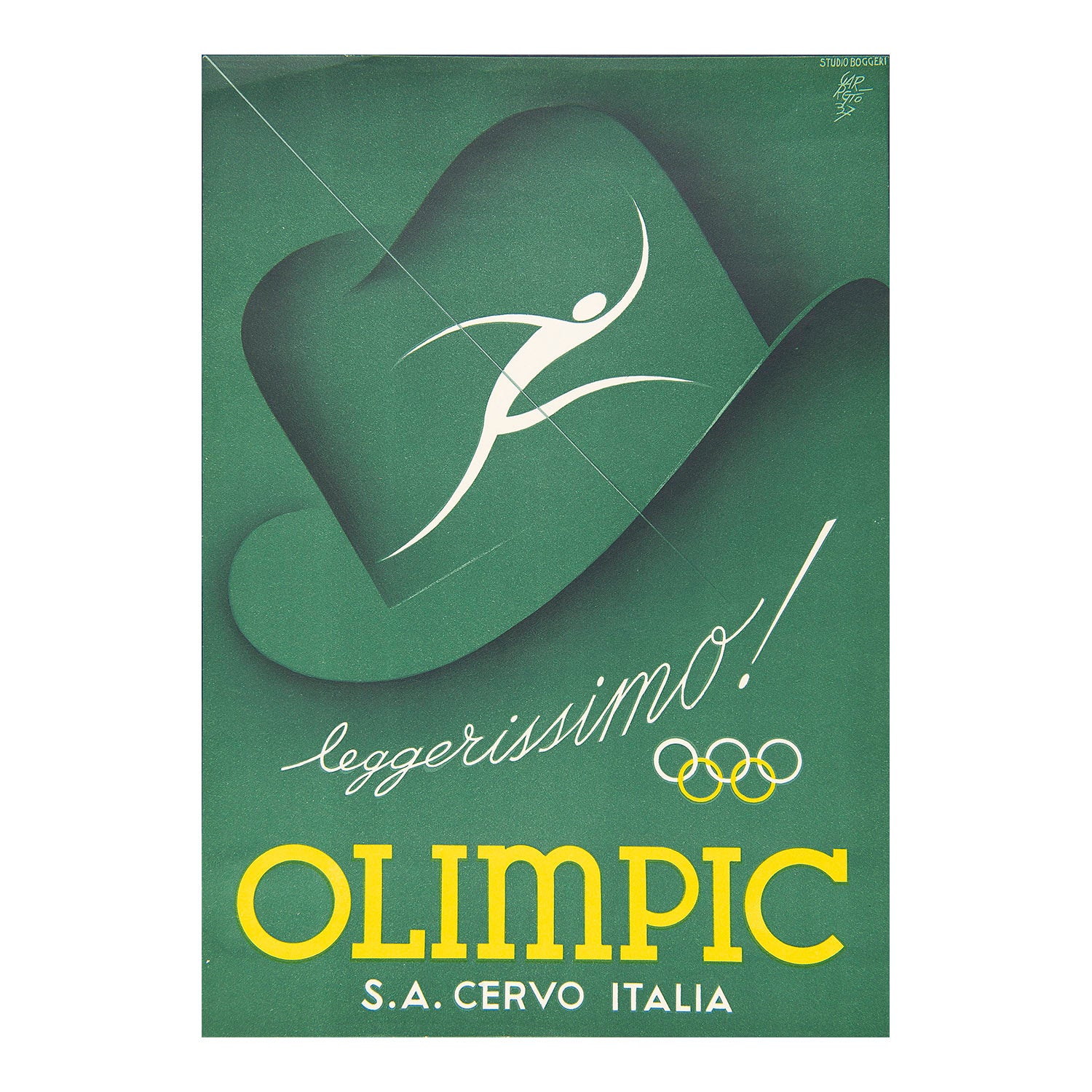 promotional poster for Olimpic hats, designed by the Italian artist Paolo Garretto, 1936. A striking modernist design, featuring a green hat against a green background, with an athletic white figure imposed on the hat above the slogan legerissimo (very light).