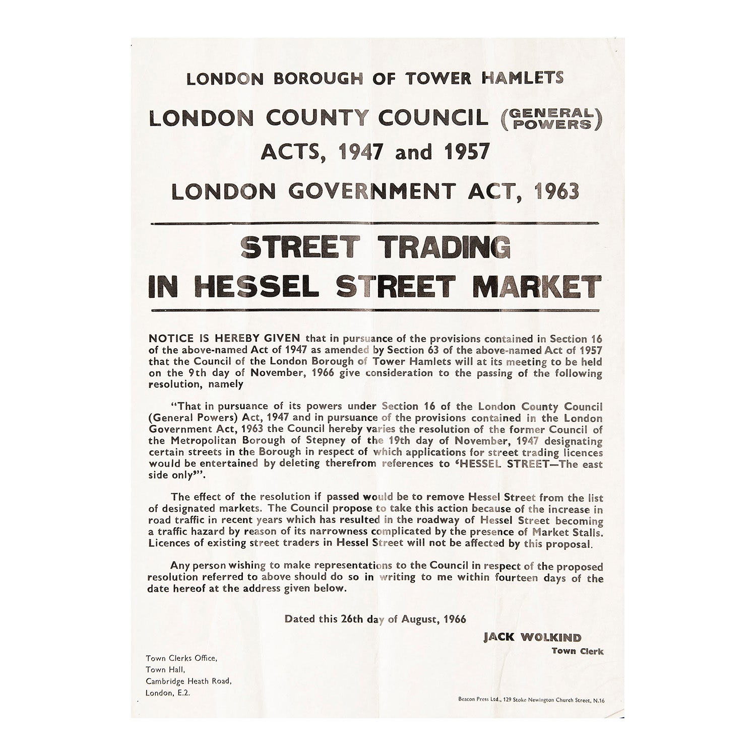 letter-press notice relating to the proposed restriction of street trading in Hessel Street Market, published by the London Borough of Tower Hamlets, 1966