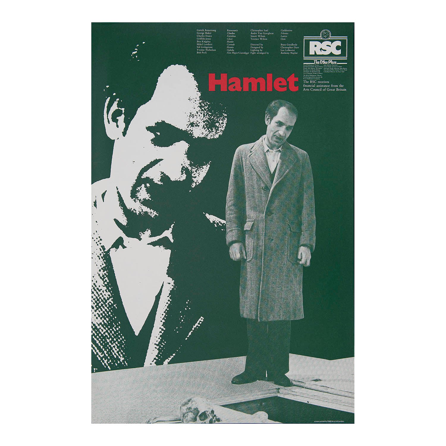 An original poster for the 1975 Royal Shakespeare Company (RSC) production of Hamlet, The Other Place, Stratford-Upon-Avon. Directed by Buzz Goodbody and starring Ben Kingsley in the title role. Poster design features a photograph of Kingsley as Hamlet.