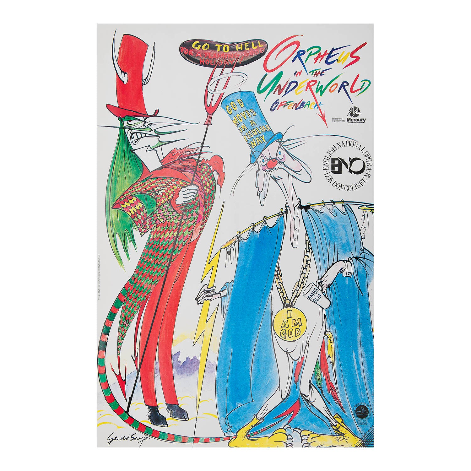  original opera poster by the noted English cartoonist and illustrator Gerald Scarfe for the English National Opera's 1988 production of Orpheus in the Underworld. 