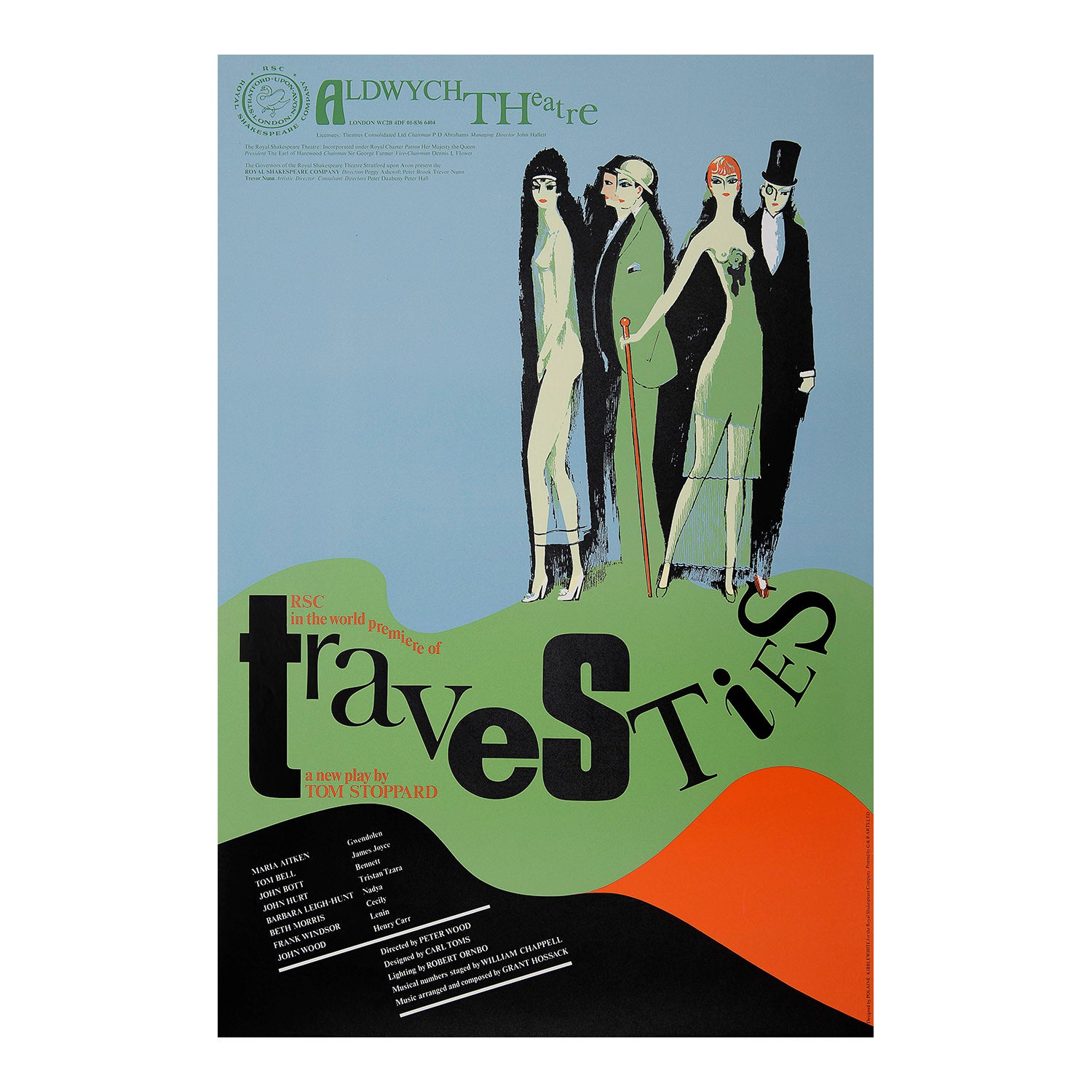 Original theatre poster for a production of Travesties, performed by the Royal Shakespeare Company, Aldwych Theatre, 1974