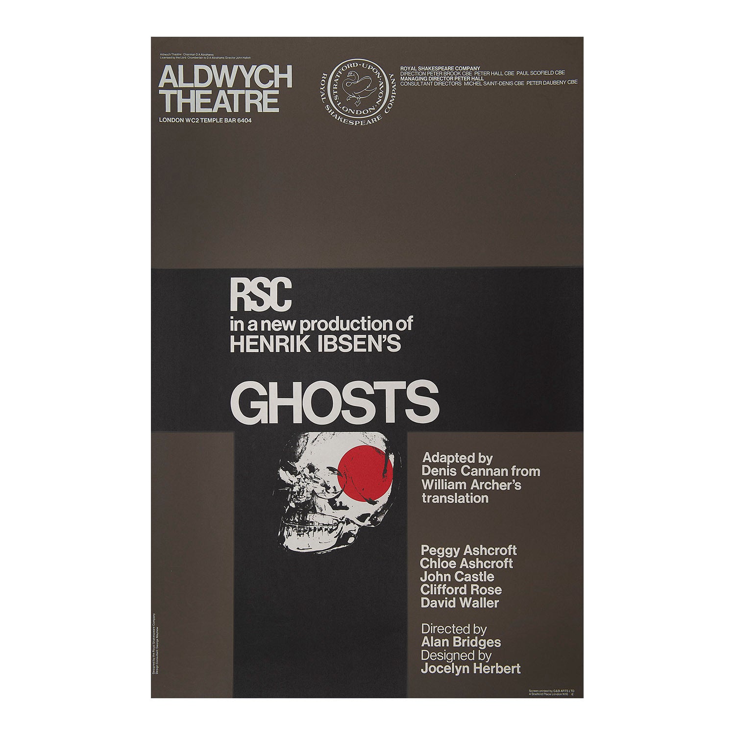 Original theatre poster for a production of Ghosts (Henrik Ibsen), performed by the Royal Shakespeare Company, Aldwych Theatre, 1967