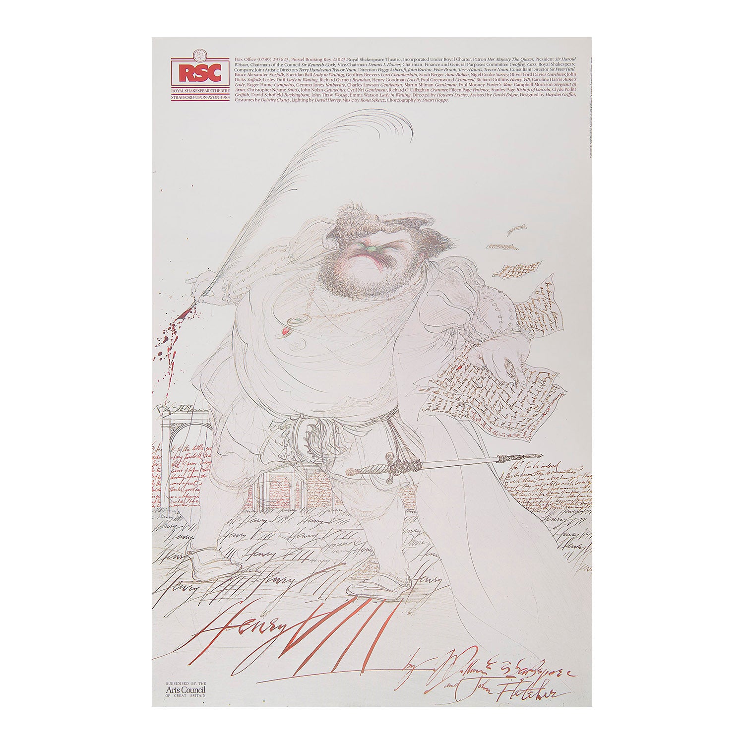 An original theatre poster for the Royal Shakespeare Company’s 1983 production of Henry VIII, by the noted British illustrator Ralph Steadman.