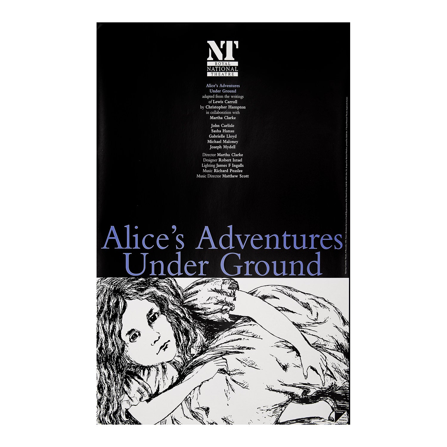 An original theatre poster for a production of Alice's Adventures Under Ground (Lewis Carroll/Christopher Hampton), National Theatre, 1994. Poster designed by Michael Mayhew.