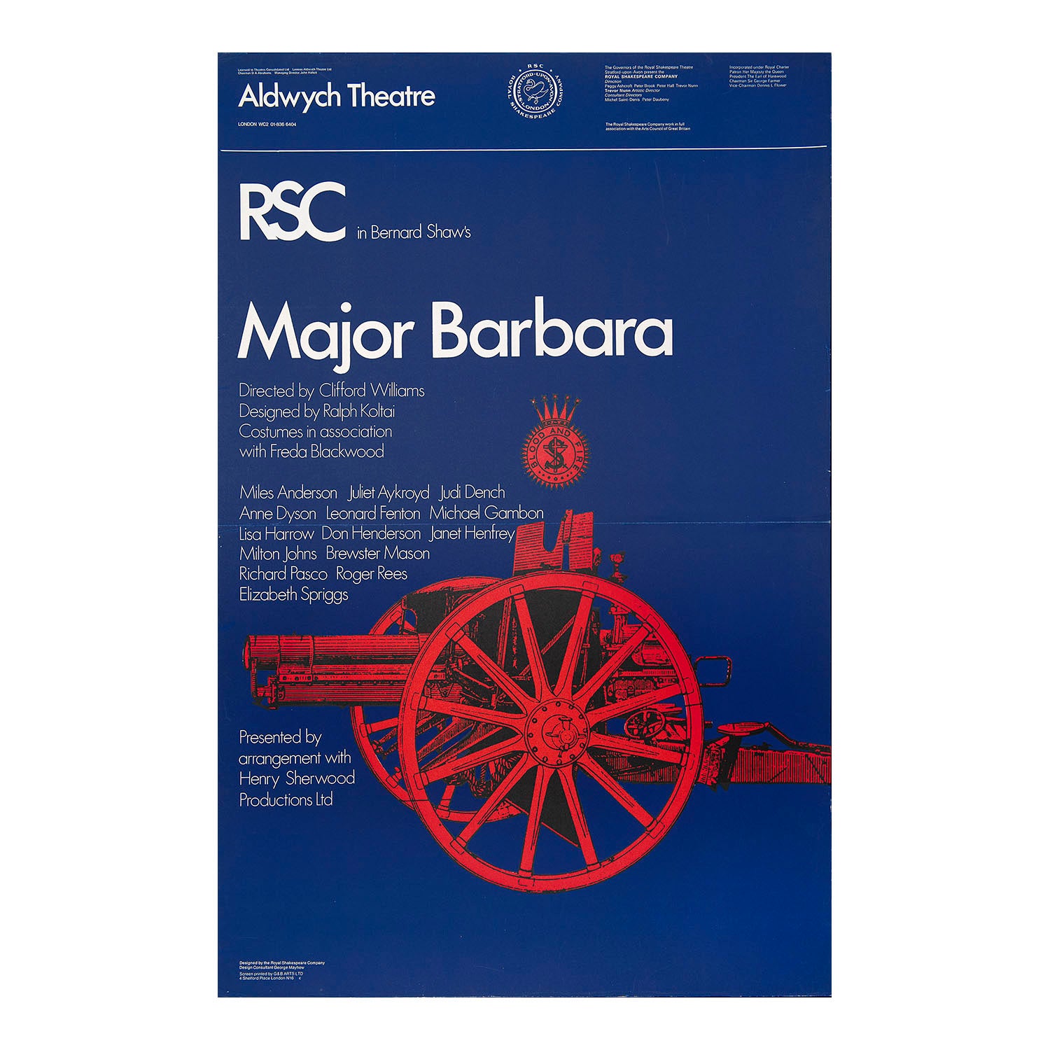 Original theatre poster for a production of Major Barbara, performed by the Royal Shakespeare Company, Aldwych Theatre, 1970