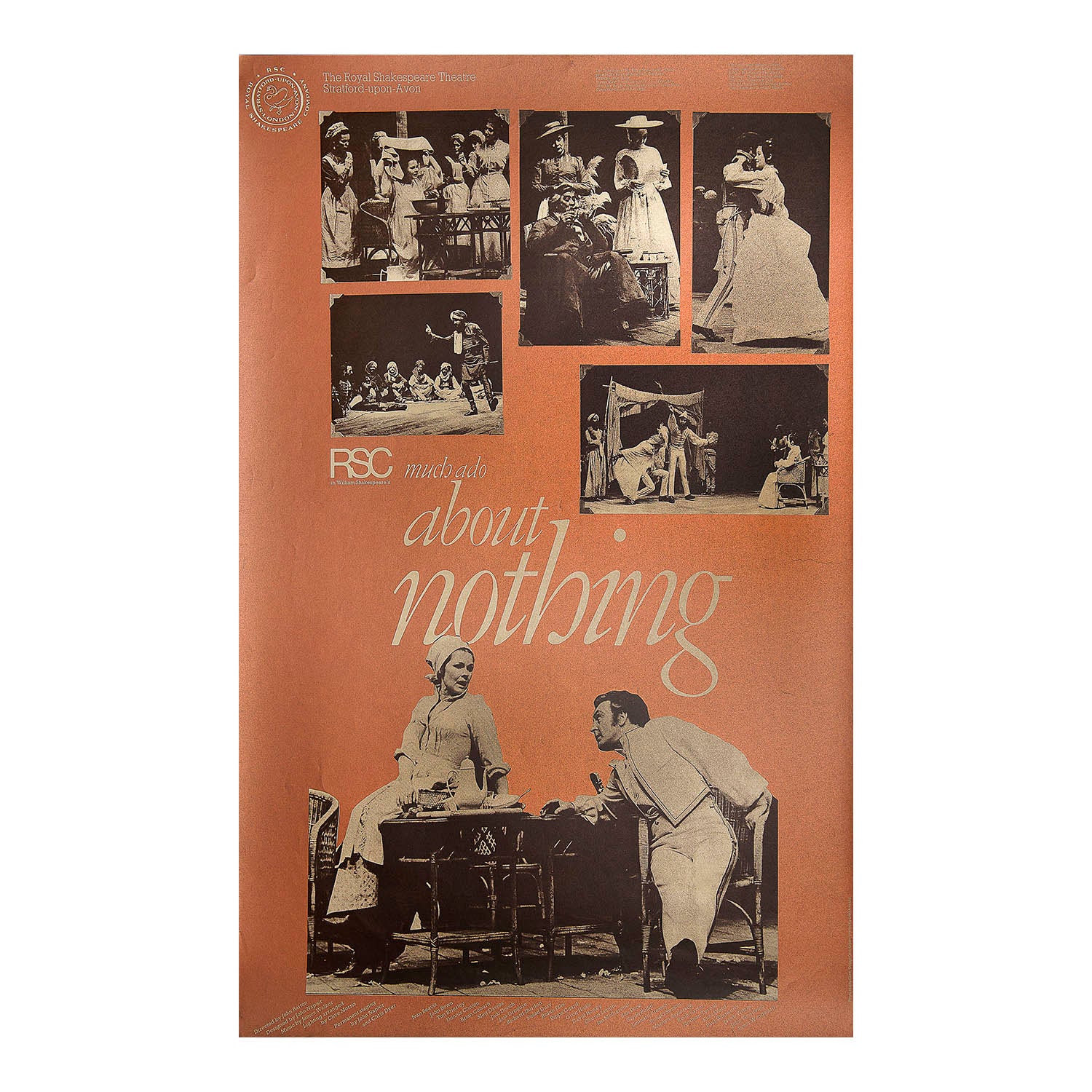 Original theatre poster for a production of Much Ado About Nothing, performed by the Royal Shakespeare Company, Stratford-upon-Avon, 1976.