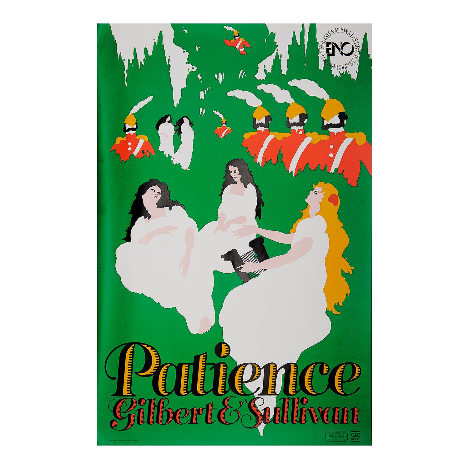 An original opera poster designed by Kevin Scally for the English National Opera's 1984 production of Patience (Gilbert & Sullivan)