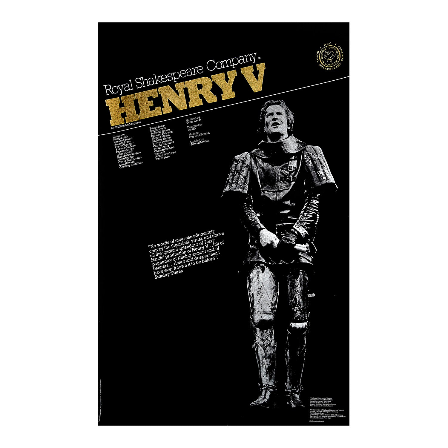 An original poster for the 1977 Royal Shakespeare Company (RSC) production of Henry V. Design features a photograph of Alan Howard in the role of Henry V.