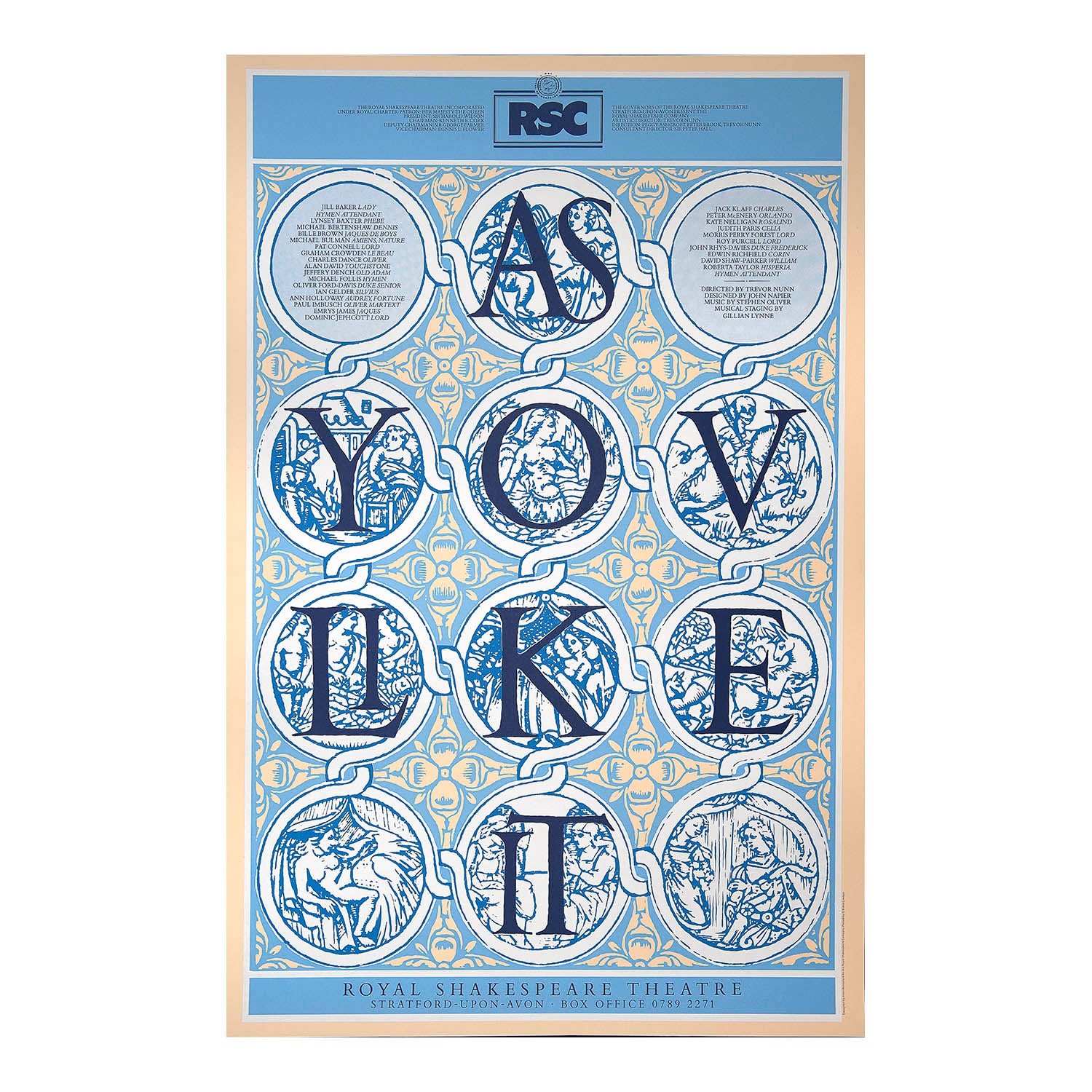 Original theatre poster for a production of As You Like It, performed by the Royal Shakespeare Company, Stratford-Upon-Avon, 1977. Directed by Trevor Nunn. Poster designed by Allen Beresford.