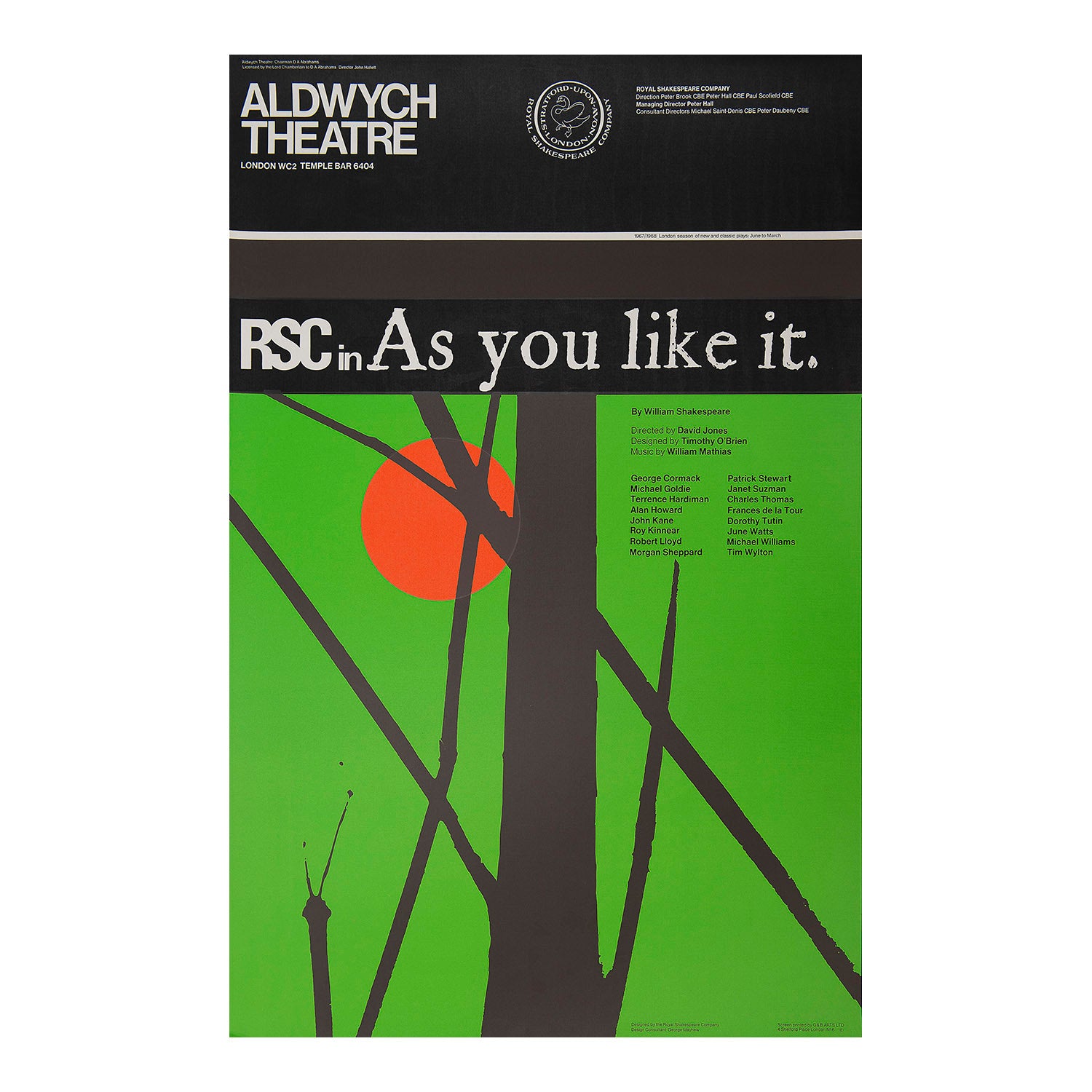 Original theatre poster for a production of As You Like It, performed by the Royal Shakespeare Company, Aldwych Theatre, 1967