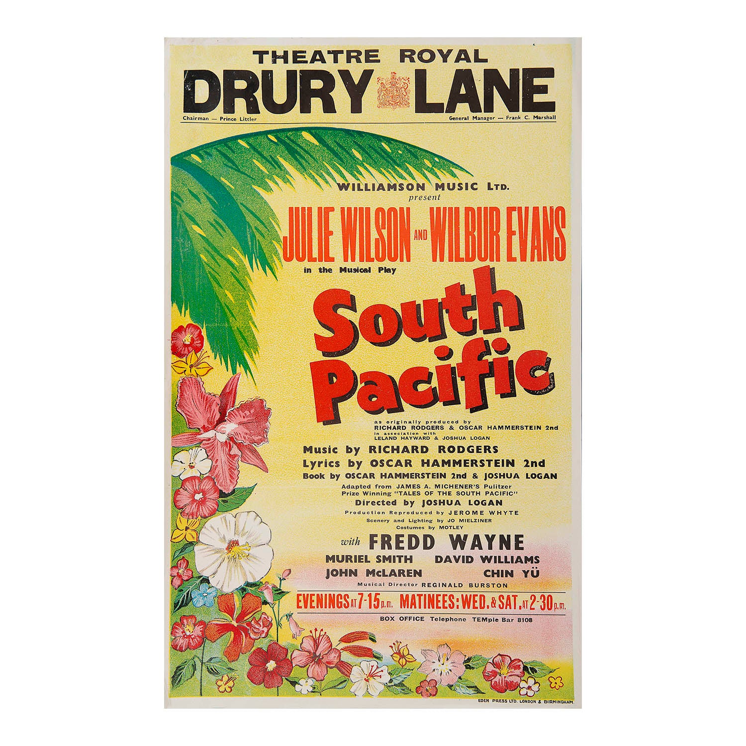 Original theatre poster for the London production of South Pacific (by Richard Rodgers, with lyrics by Oscar Hammerstein II and book by Hammerstein and Joshua Logan), Theatre Royal, 1951