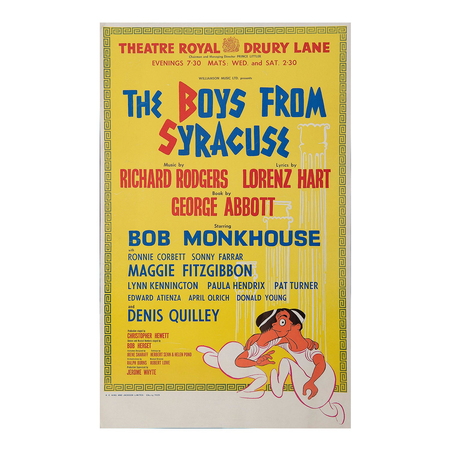 Original theatre poster for a production of The Boys from Syracuse, Theatre Royal, 1963