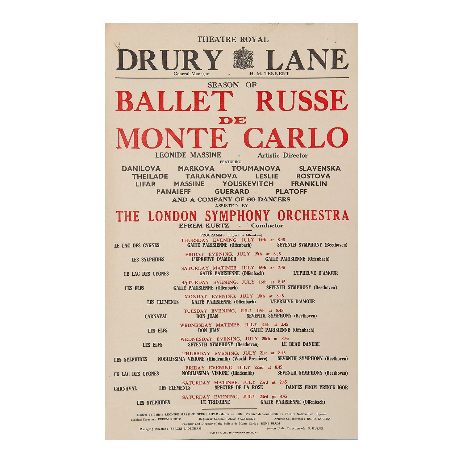 A rare original pre-war poster for a performance of the Ballet Russe de Monte Carlo at the Theatre Royal, Drury Lane, 1938. 