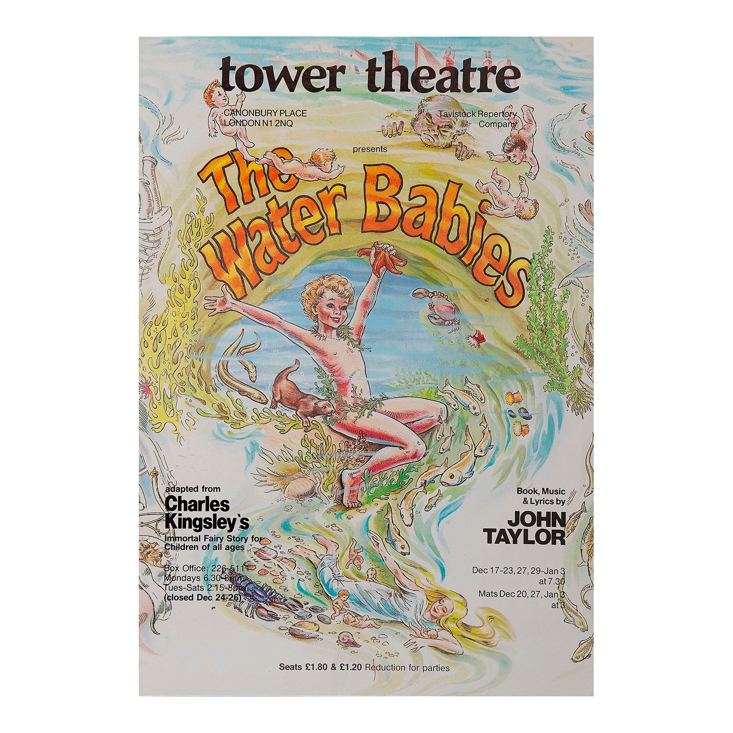 Original theatre poster for a production of The Water Babies (book &amp; music by John Taylor), Tower Theatre, London, c. 1982.