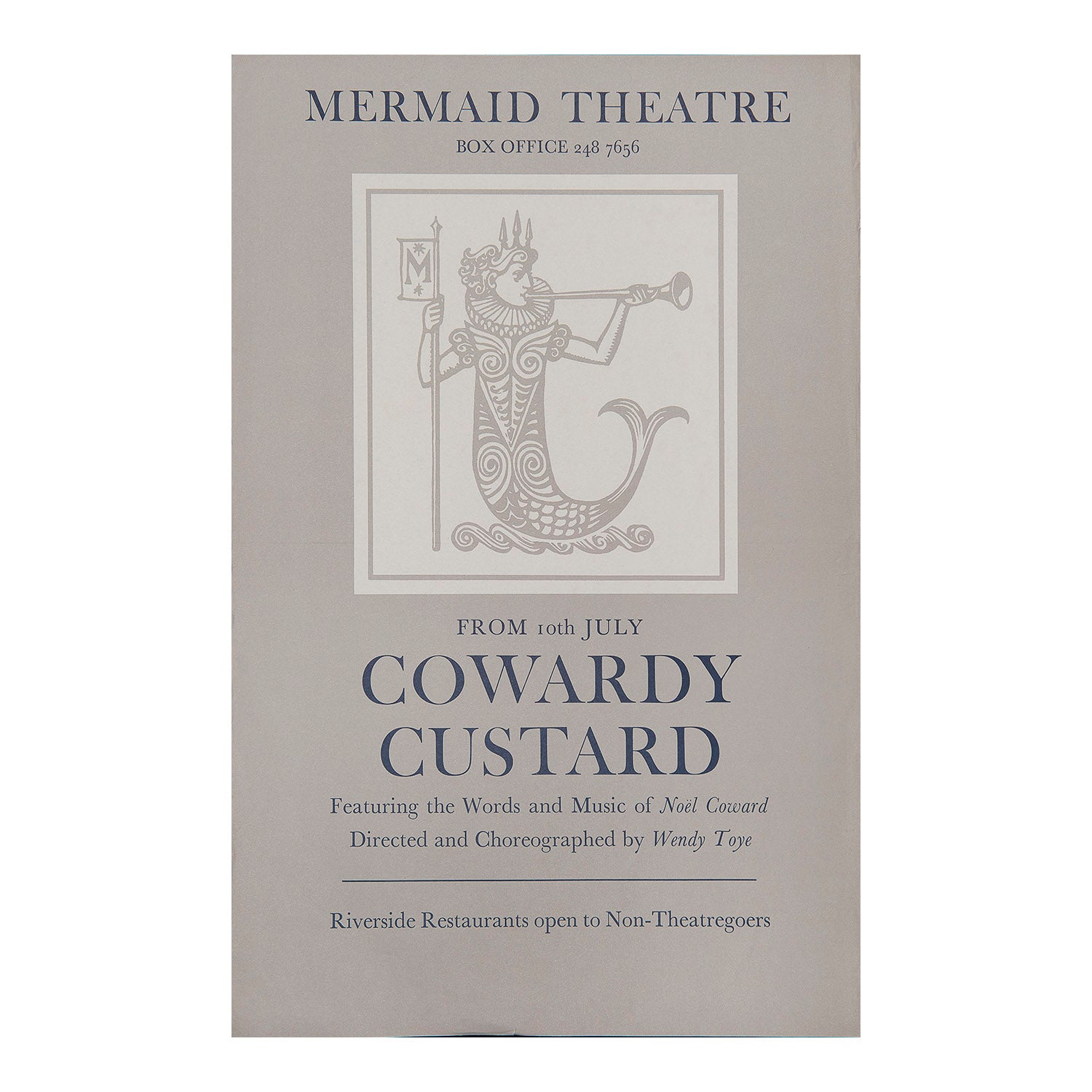 Original theatre poster for the opening production of Cowardy Custard (by Noël Coward), Mermaid Theatre, 1972.