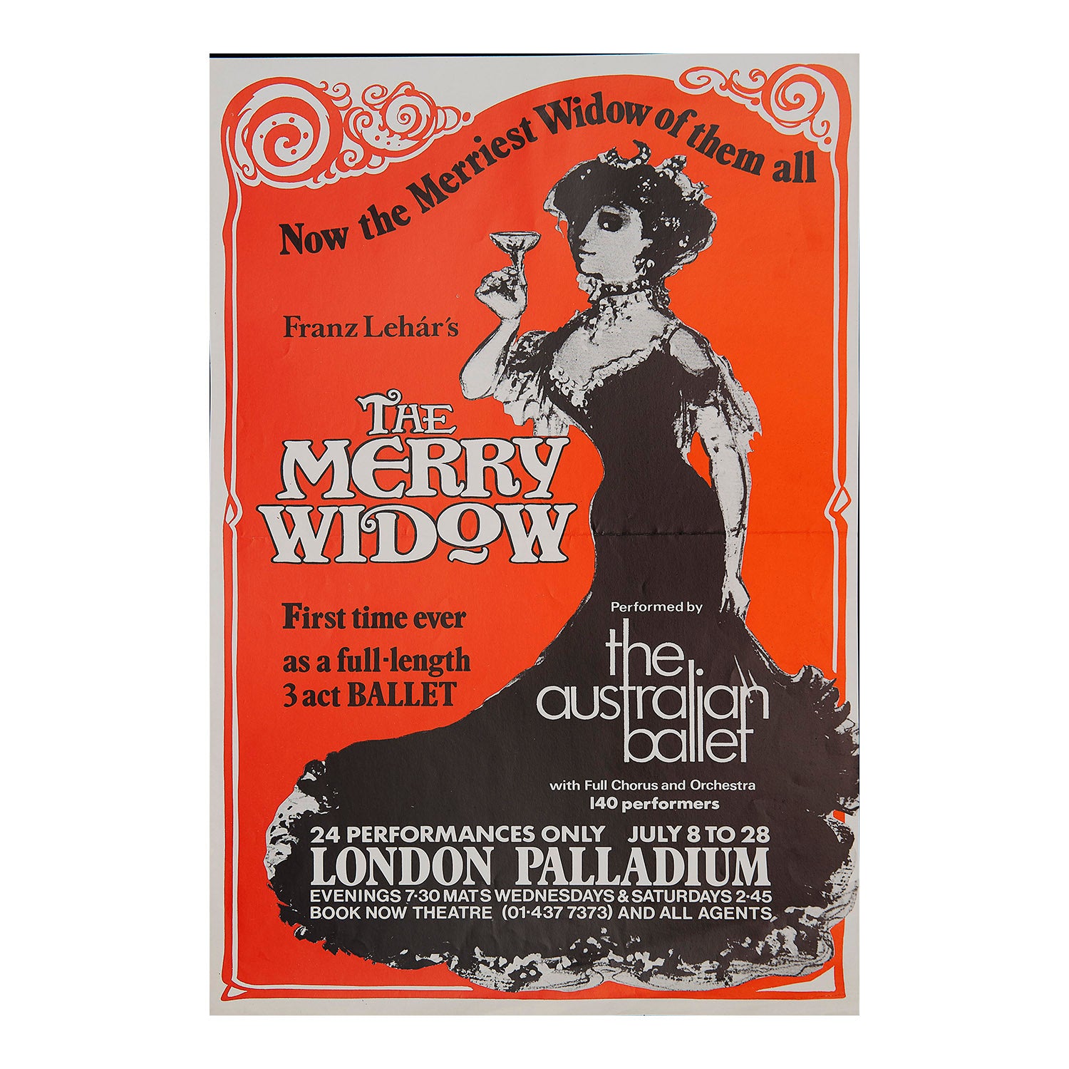 Original theatre poster for a new production of The Merry Widow (by Franz Lehar), London Palladium, 1976. 