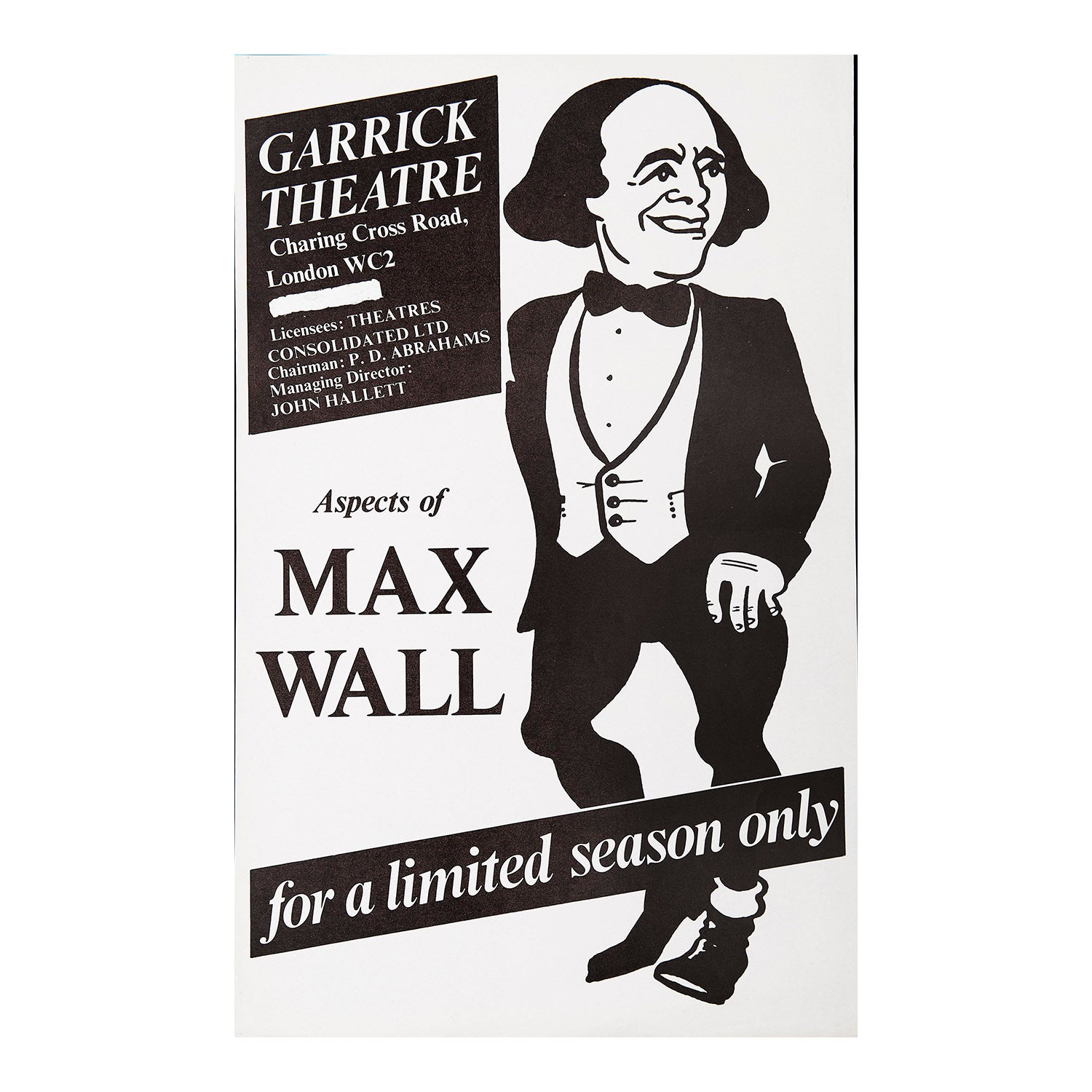 Original theatre poster for a production of Aspects of Max Wall, Garrick Theatre, 1975