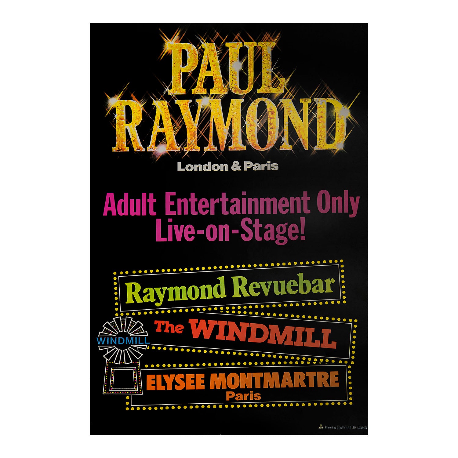 Original poster for the Raymond Revuebar, The Windmill. Published by Paul Raymond.