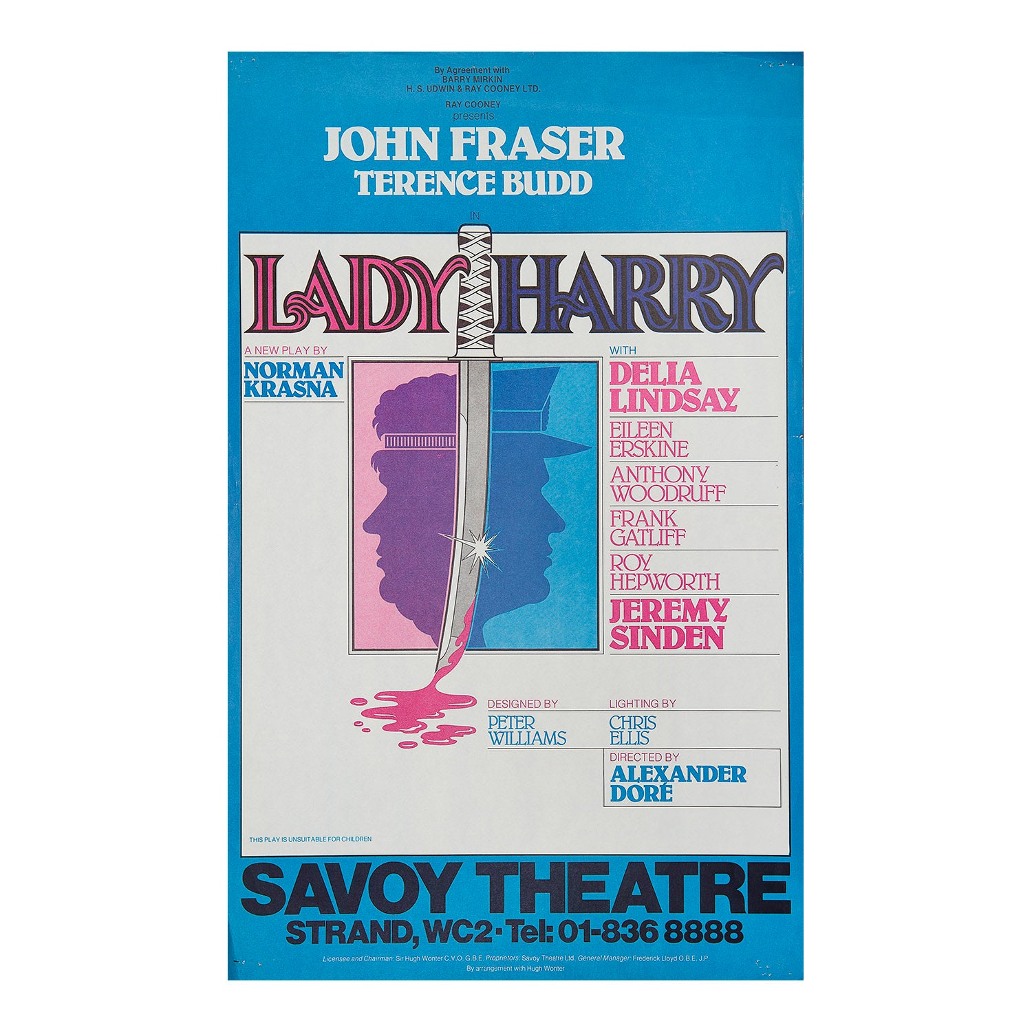 Original theatre poster for a production of Lady Harry (by Norman Krasna), Savoy Theatre, 1978. 