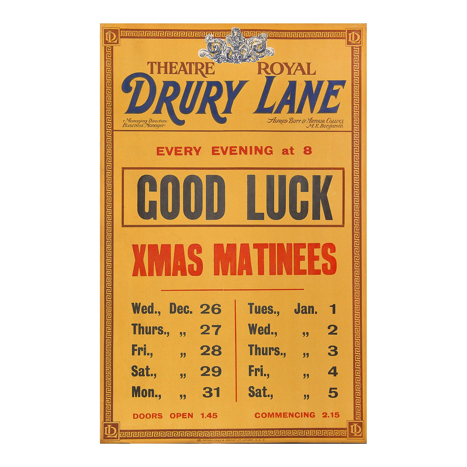 Original theatre poster for a production of Good Luck, Theatre Royal, Drury Lane, 1923