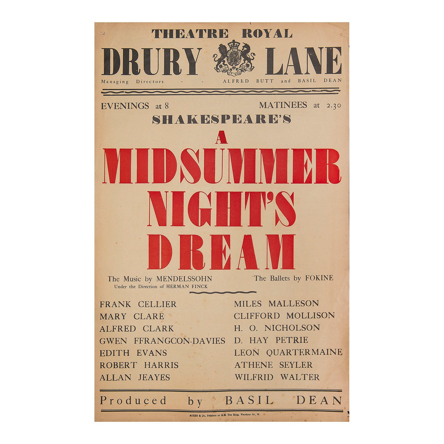 Original theatre poster for a production of Midsummer Night’s Dream, Theatre Royal, Drury Lane, c.1925.