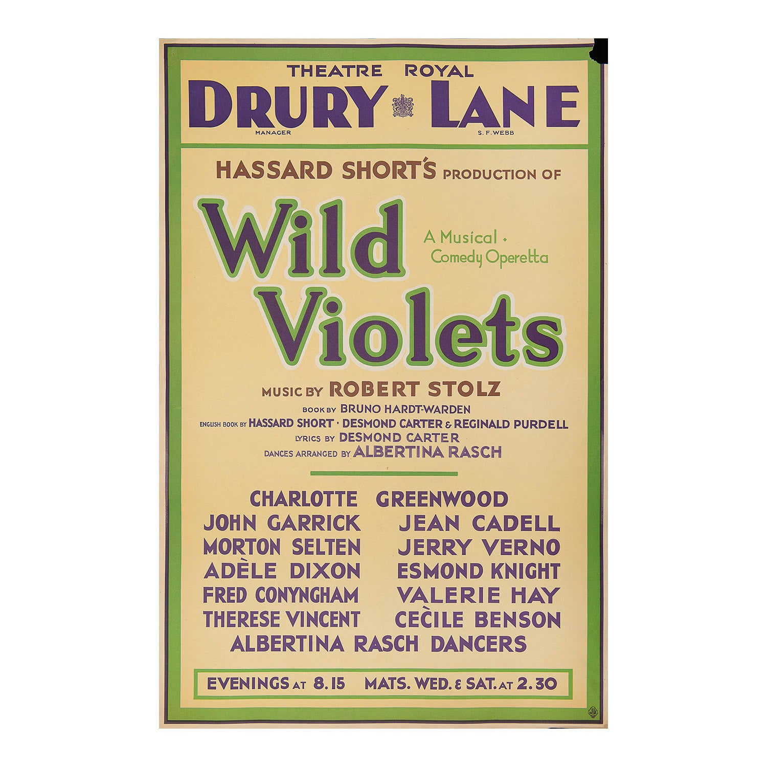 Original theatre poster for a production of Wild Violets, Theatre Royal, Drury Lane, 1932