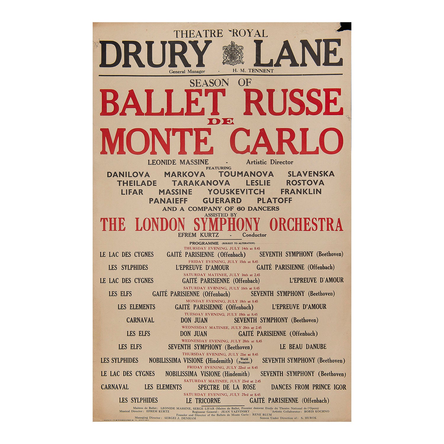 A rare original pre-war poster for a performance of the Ballet Russe de Monte Carlo at the Theatre Royal, Drury Lane, 1938