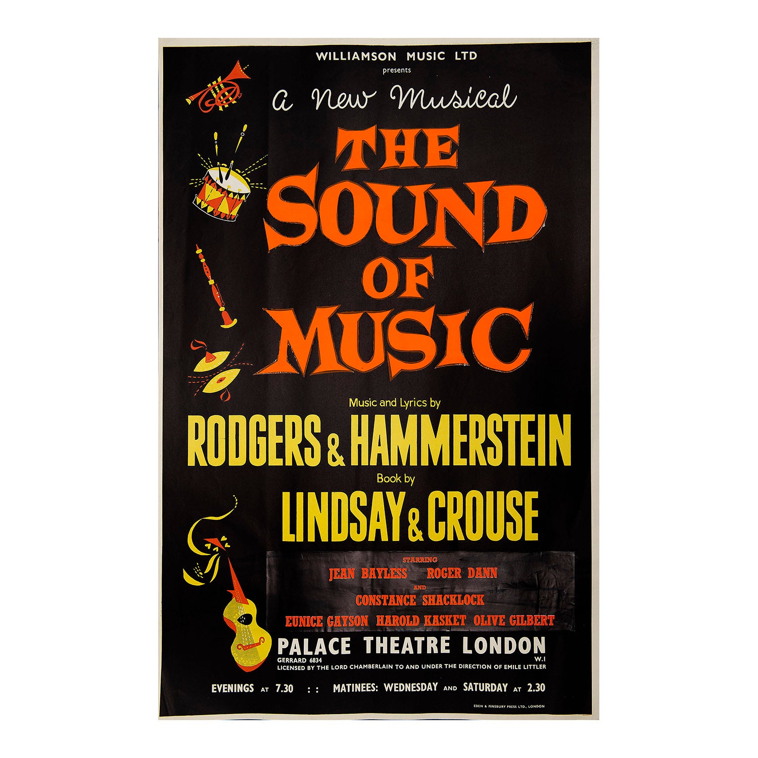 An original theatre poster for the opening of The Sound of Music at the Palace Theatre, London, 1961.