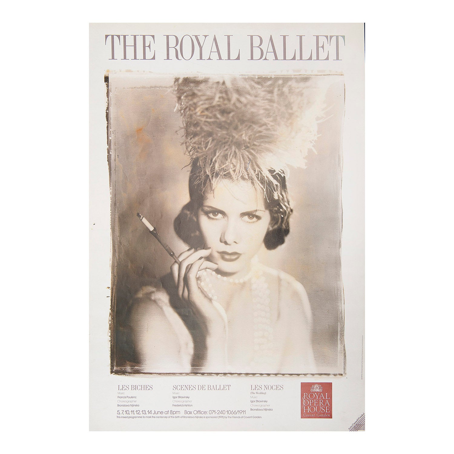 Original promotional poster for the Royal Ballet, Royal Opera House, 1991. The poster advertises performances of Les Biches, Scenes de Ballet and Les Noces. The design features a photograph of English ballerina Darcey Bussell in the role of the Hostess from Les Biches.