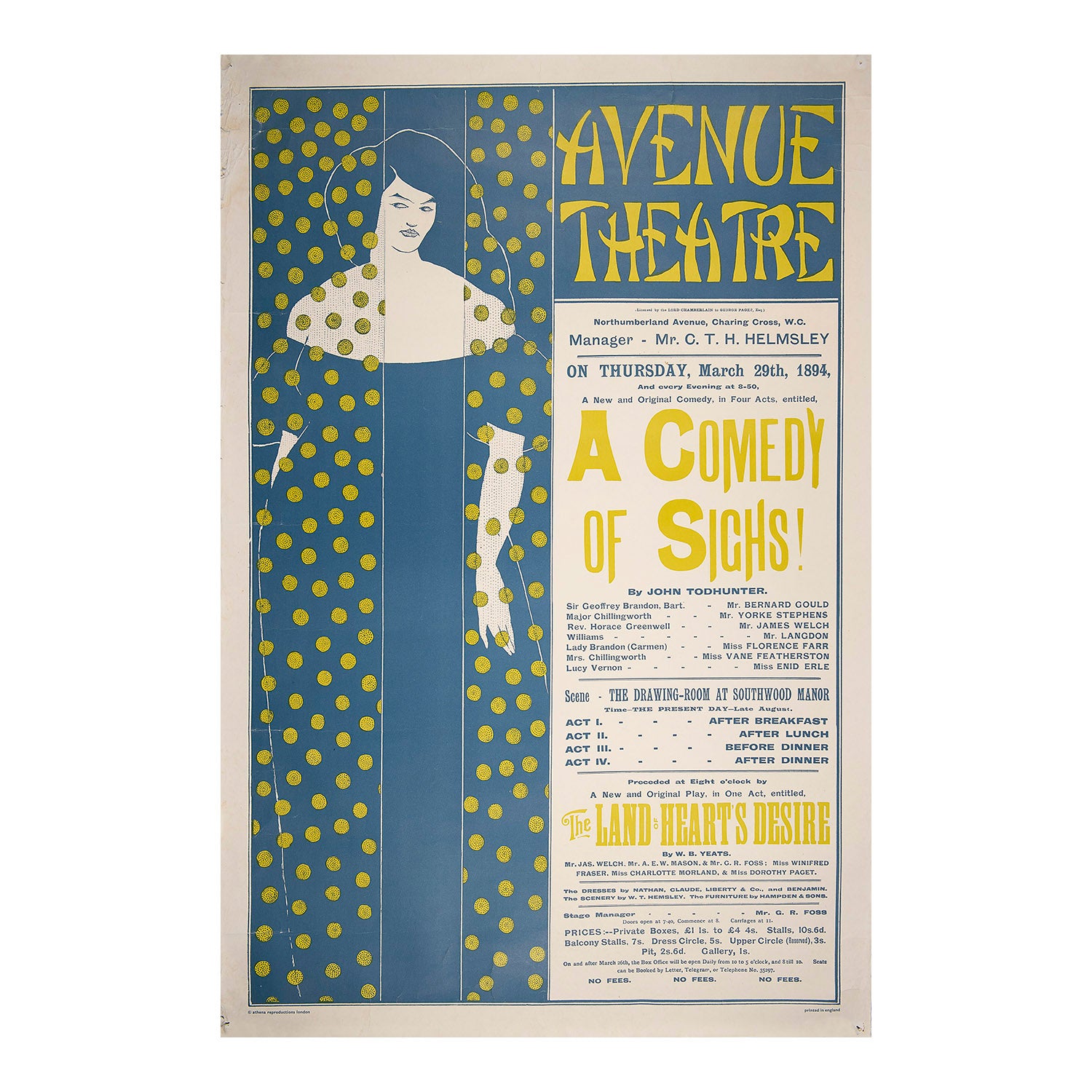 A vintage reissued theatre poster, A Comedy of Sighs!, originally designed for the Avenue Theatre, London, in 1895, published by Athena in about 1967