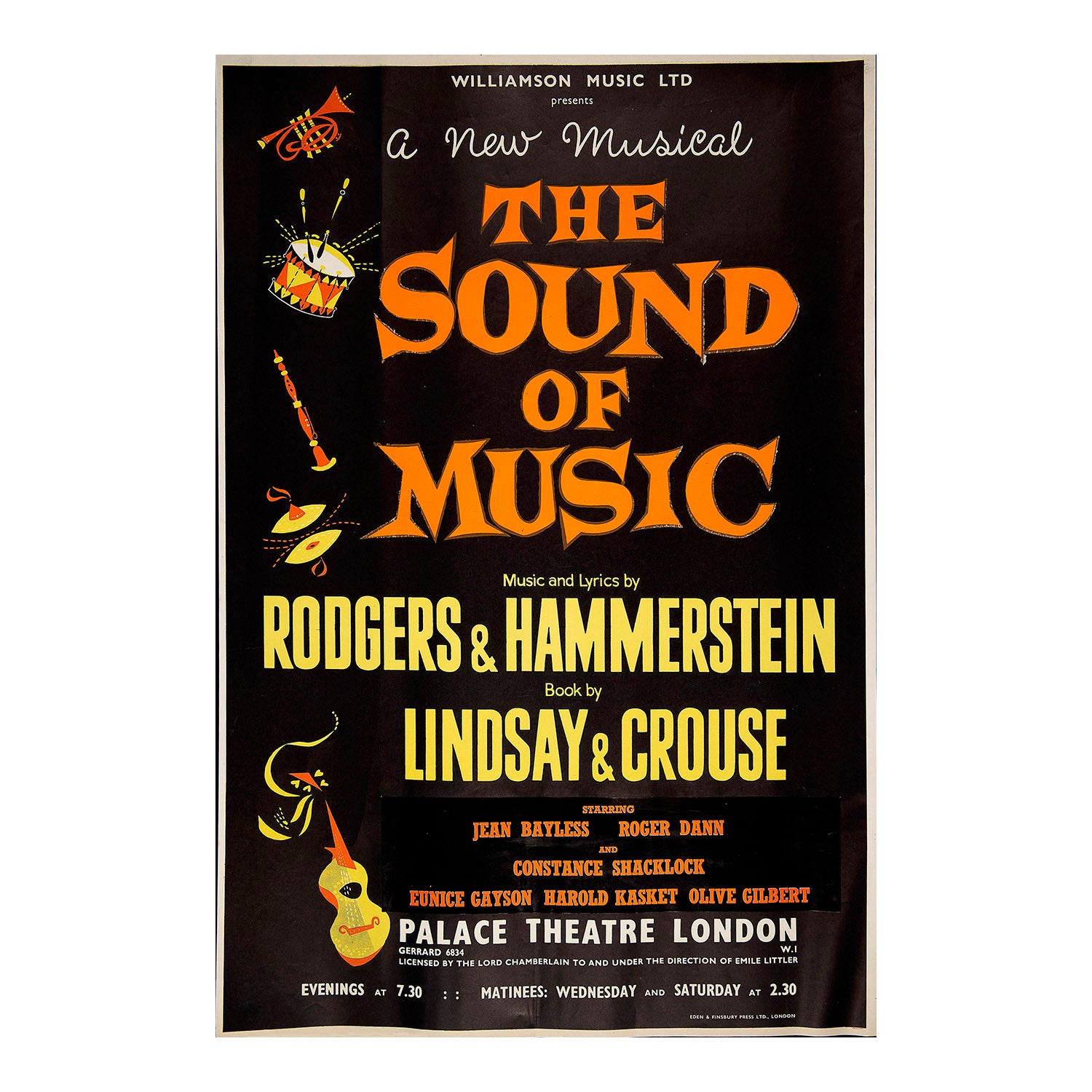 An original theatre poster for the opening of The Sound of Music at the Palace Theatre, London, 1961.