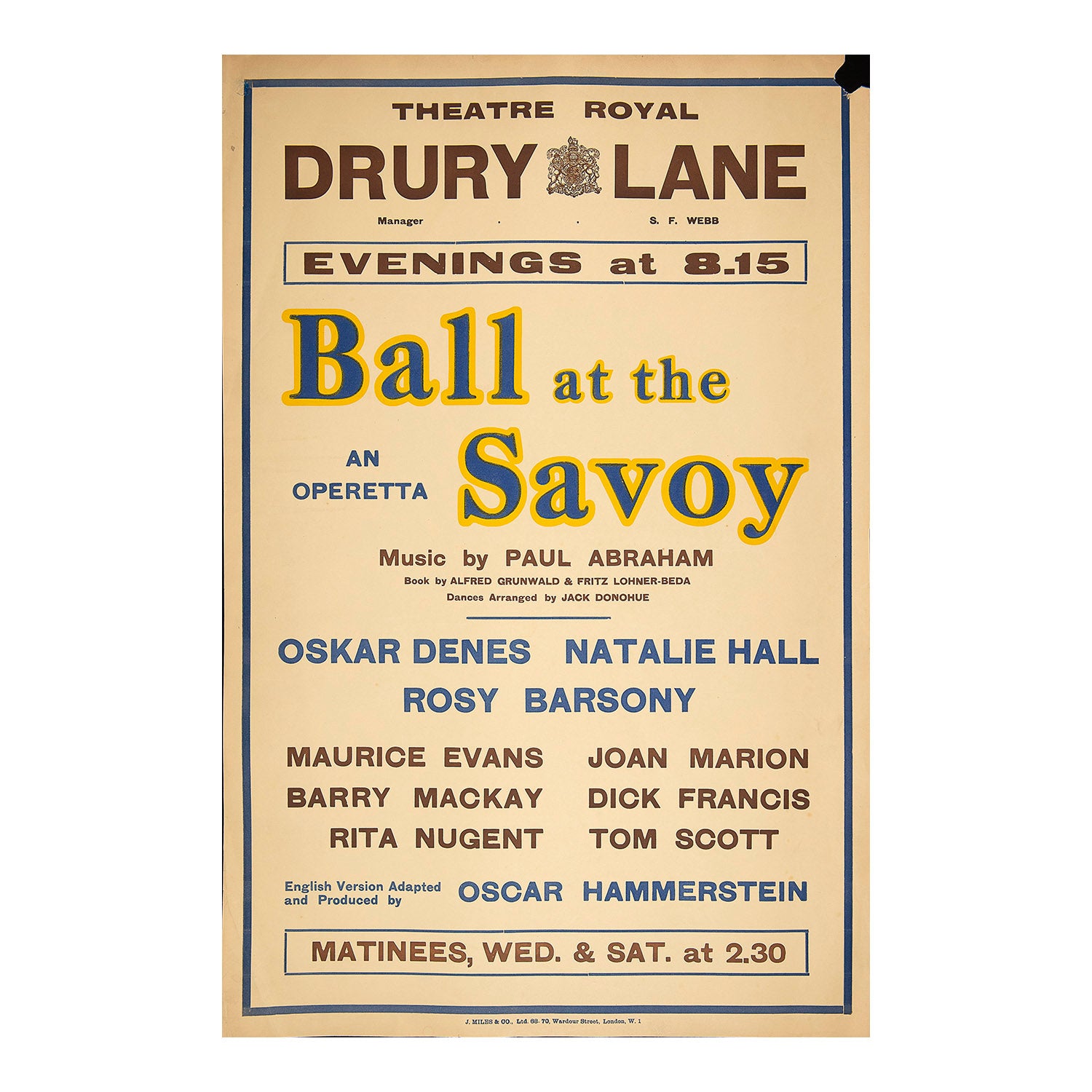 Original theatre poster for a production of Ball at the Savoy, Theatre Royal, Drury Lane, 1933.