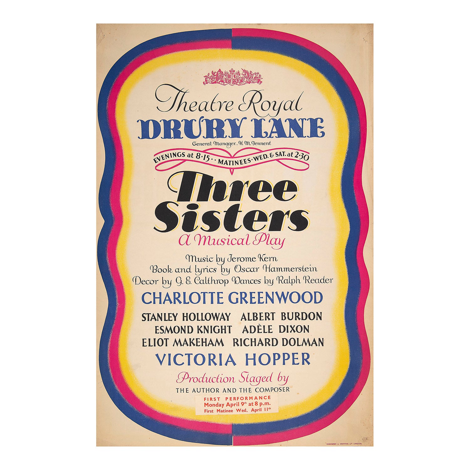 Original theatre poster for a production of Three Sisters, Theatre Royal, Drury Lane, 1934